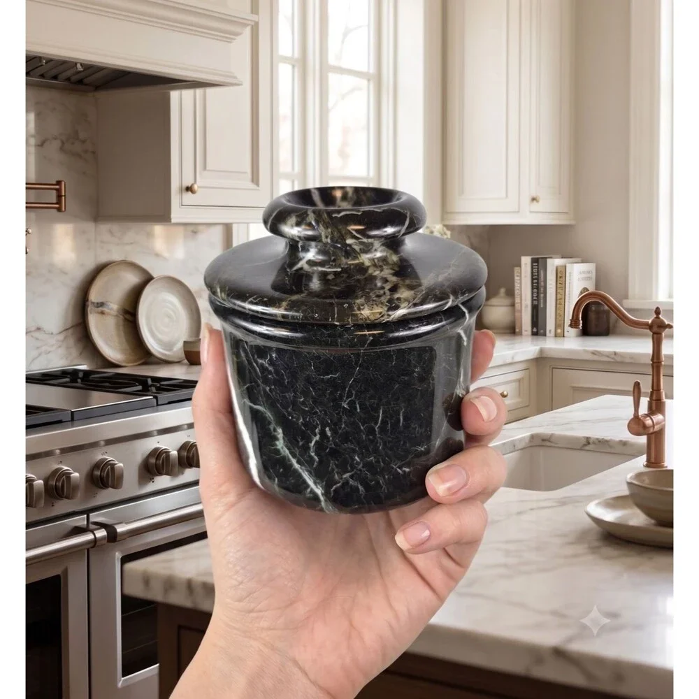 Marble Butter Dish with Lid Handmade Black French Kitchen Butter Crock Keeper